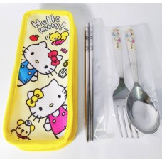 Sanrio Hello kitty chopsticks+spoon+fork w/storage bag-yellow