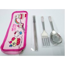 Sanrio Hello kitty chopsticks+spoon+fork w/storage bag-pink